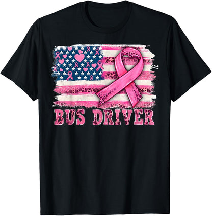 Bus Driver American Flag Pink Ribbon Breast Cancer Awareness T-Shirt