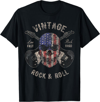 American Flag Guitar Vintage Rock and Roll Skull Guitarist T-Shirt