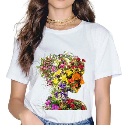 Profile of a Person Composed of Vibrant Flowers T-shirt